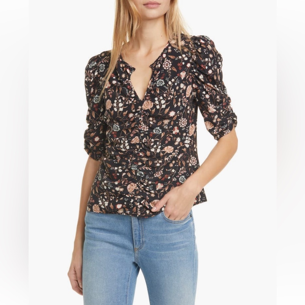 FRAME Kate Silk Floral Ruched Puff Sleeve Blouse Black Size S